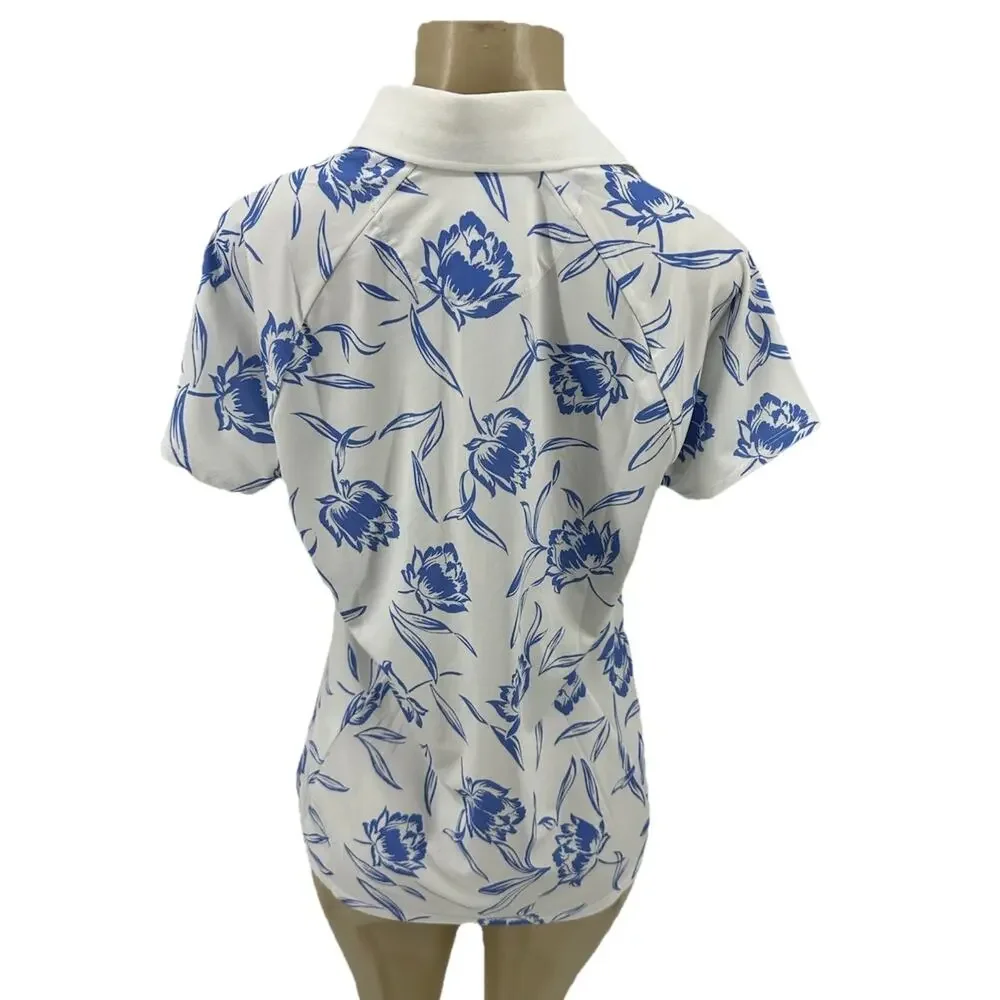 Ralph Lauren White Short Sleeve Polo Top with Blue Floral Print